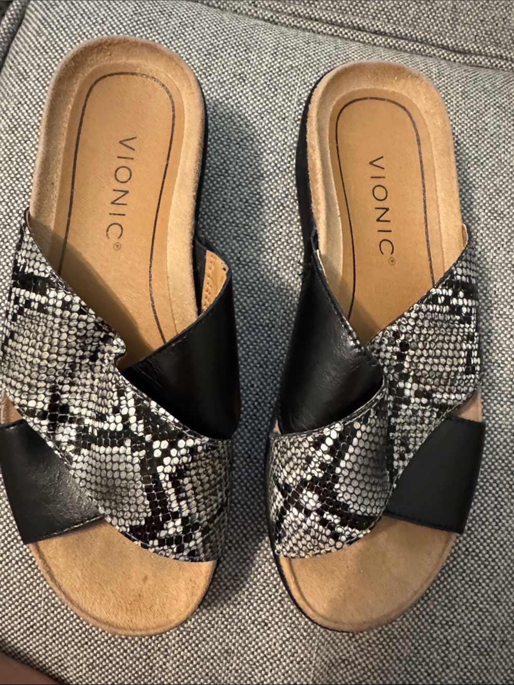 Vionic Black & Snake-Print Crossband Slide Mules